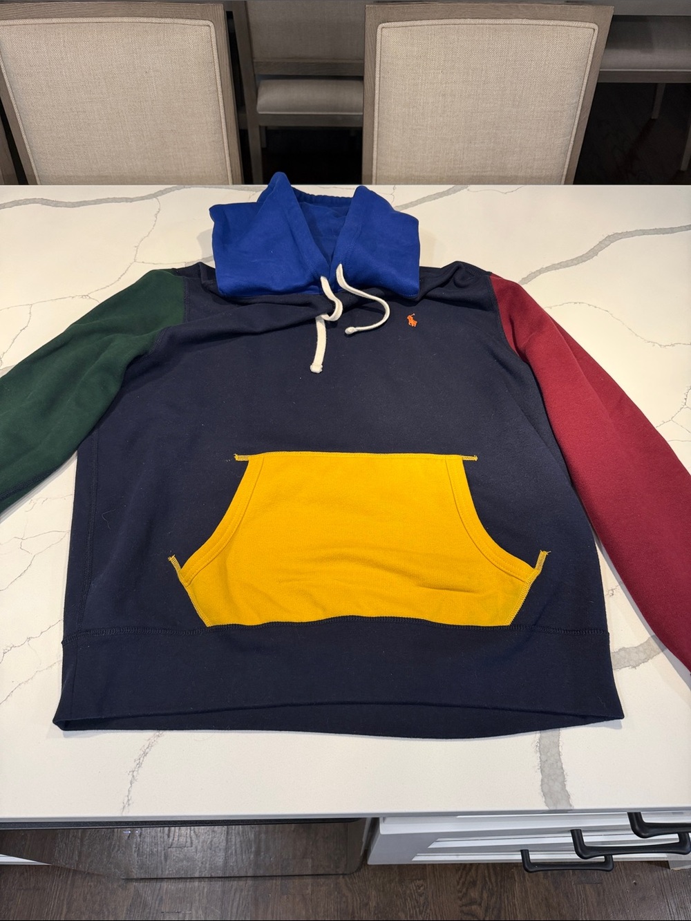 Men's polo Colorblock Hooded Pullover Sweatshirt - Navy with Yellow Pocket